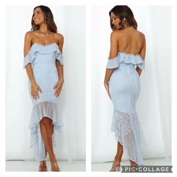 Angel Biba List Goes On Blue Off Shoulder Lace high low Maxi Dress NWT S/M - Picture 1 of 17